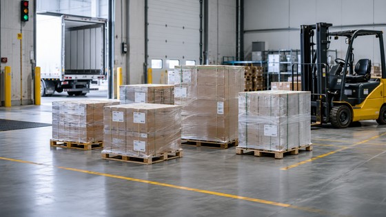Palletized less-than-truckload freight staged in a warehouse with a forklift
