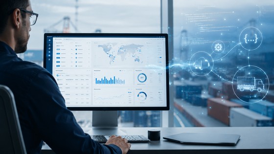 Logistics professional using a shipment portal dashboard with a route map on a laptop